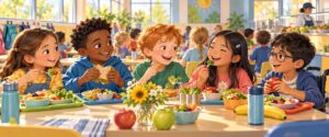 Infants compartint un menú saludable al menjador escolar a l’inici de curs