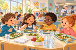 Infants dinant un menú saludable al menjador escolar
